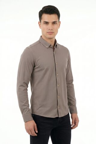 Erkek Spor Slim Fit Uzun Kol Petek Dokulu Gömlek BGL-ST05482 VİZON - M