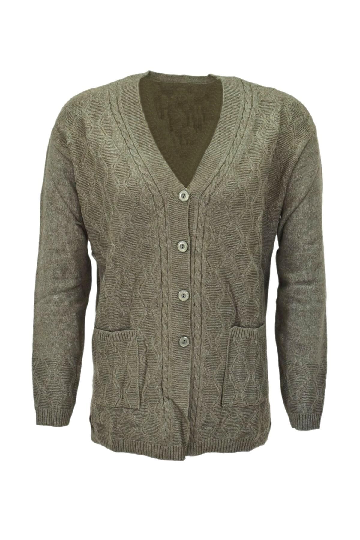 Kadın Cepli Triko  Hırka BGL-ST04128 HAKİ - 3XL