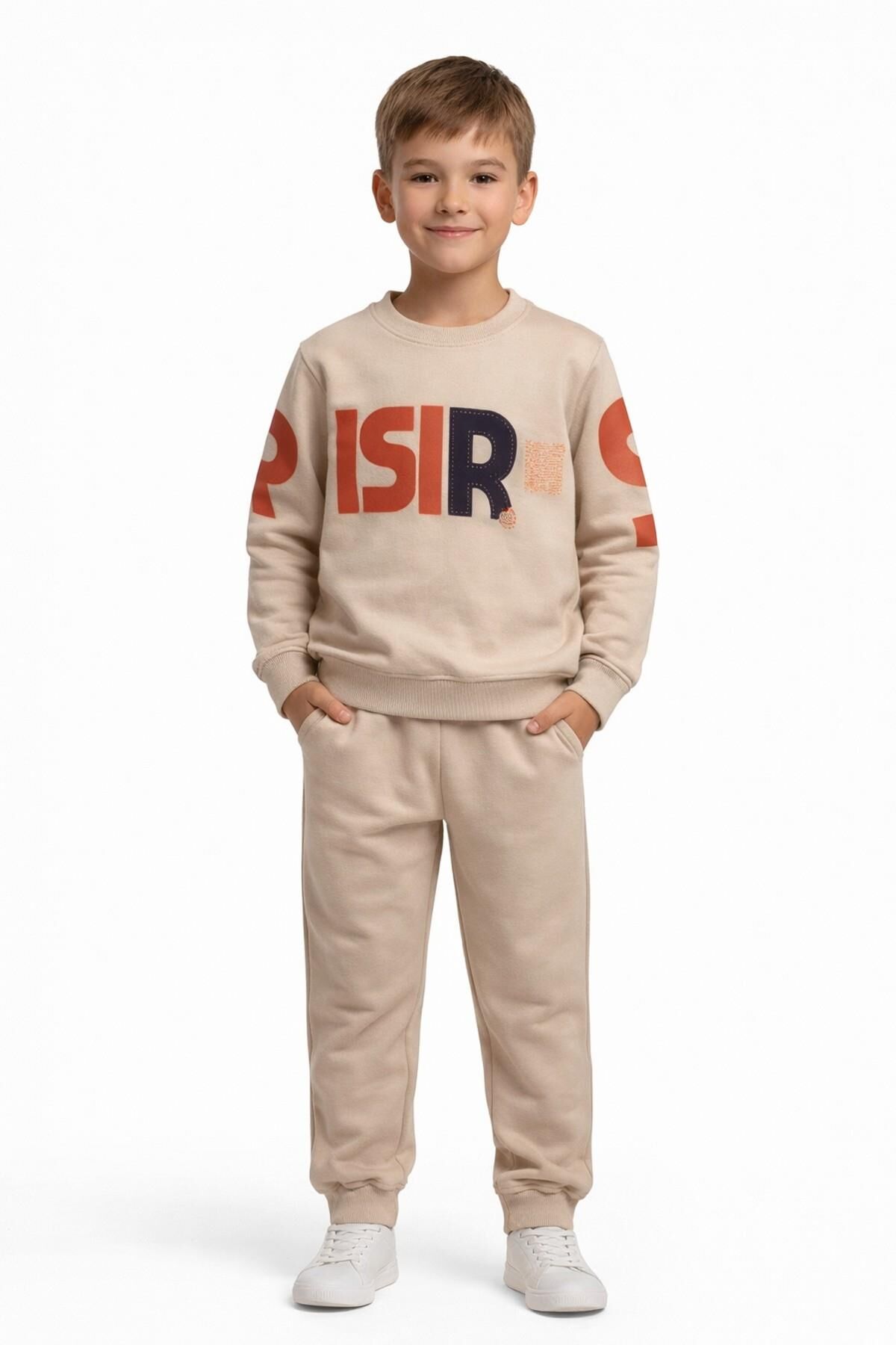 Erkek Çocuk Önü Baskılı Sweatshirt Ve Eşofman Alt Takım BGL-ST05250 BEJ - 1 YAŞ