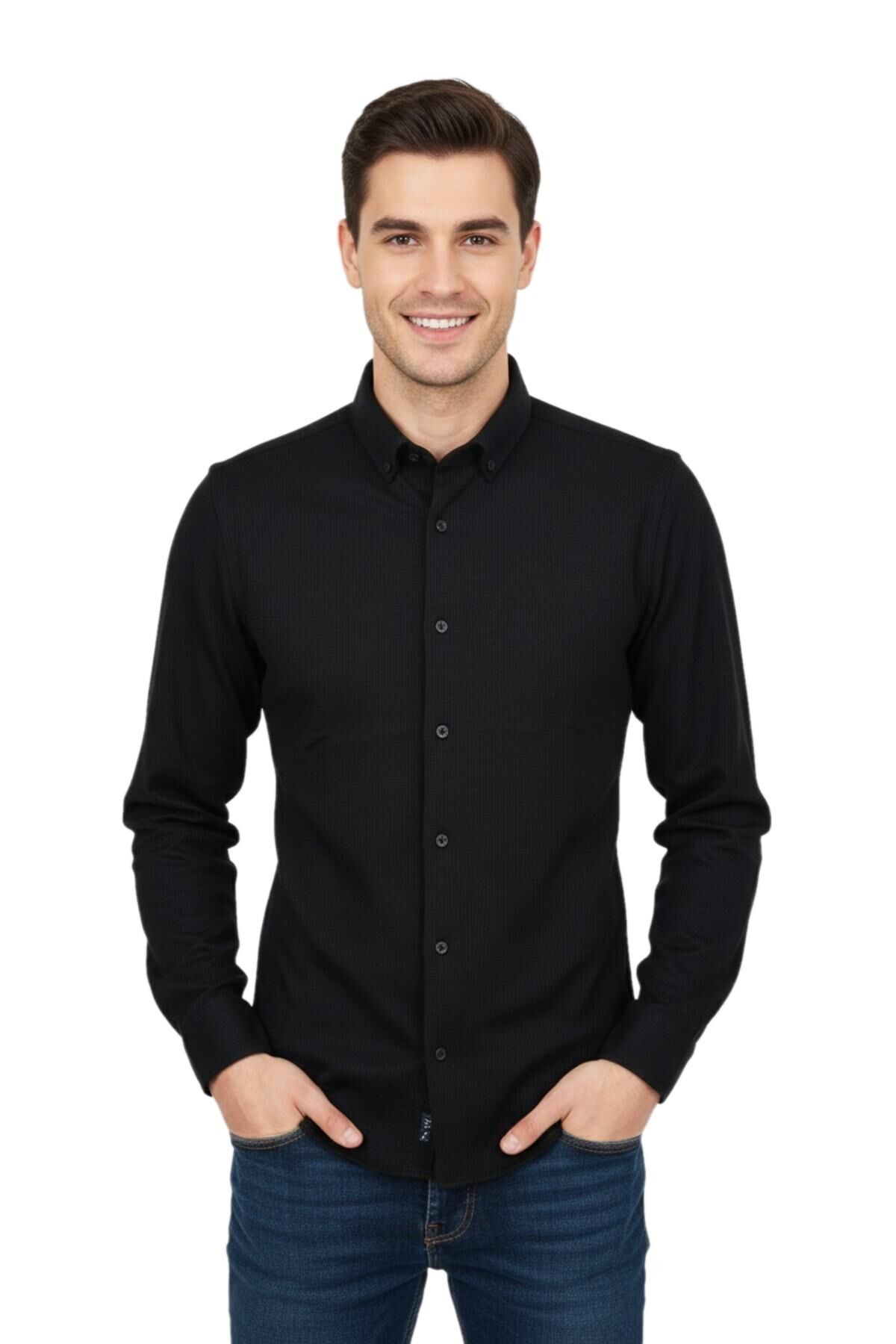 Erkek Spor Slim Fit Uzun Kol Petek Dokulu Gömlek BGL-ST04823 SİYAH - L