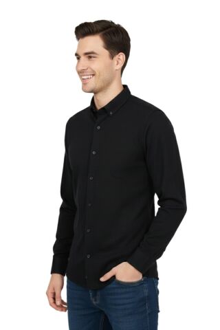 Erkek Spor Slim Fit Uzun Kol Petek Dokulu Gömlek BGL-ST04823 SİYAH - 2XL