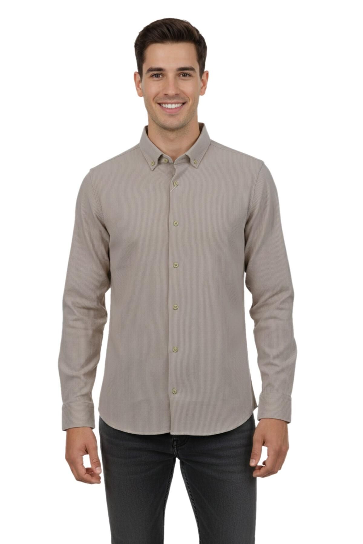 Erkek Spor Slim Fit Uzun Kol Petek Fitilli Gömlek BGL-ST04824 BEJ - M