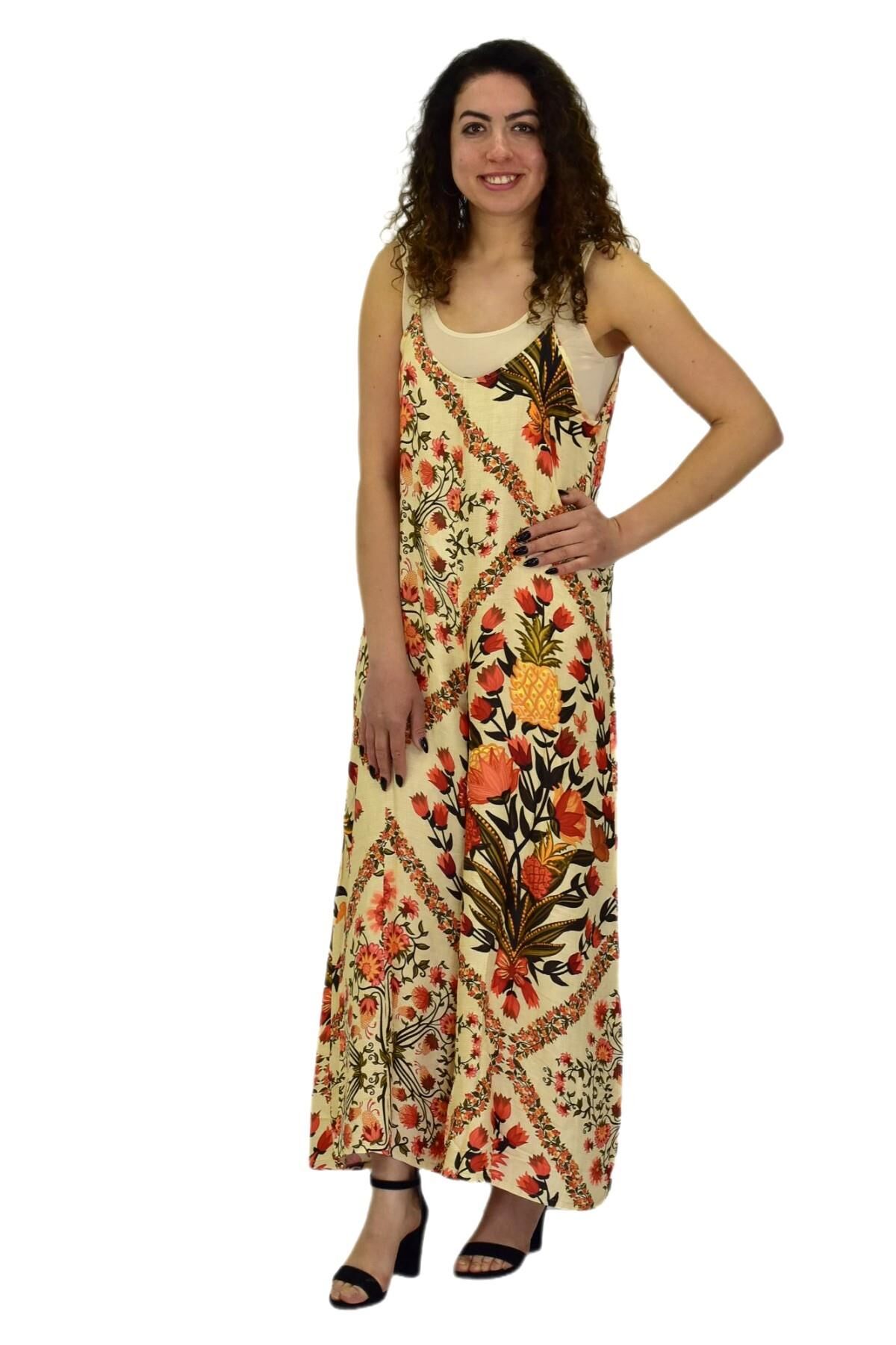 Kadın Saten Baskılı Askılı Tulum Elbise BGL-ST04215 KİREMİT - M/L