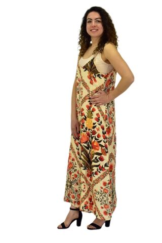 Kadın Saten Baskılı Askılı Tulum Elbise BGL-ST04215 KİREMİT - M/L