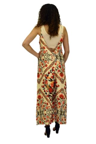 Kadın Saten Baskılı Askılı Tulum Elbise BGL-ST04215 KİREMİT - M/L