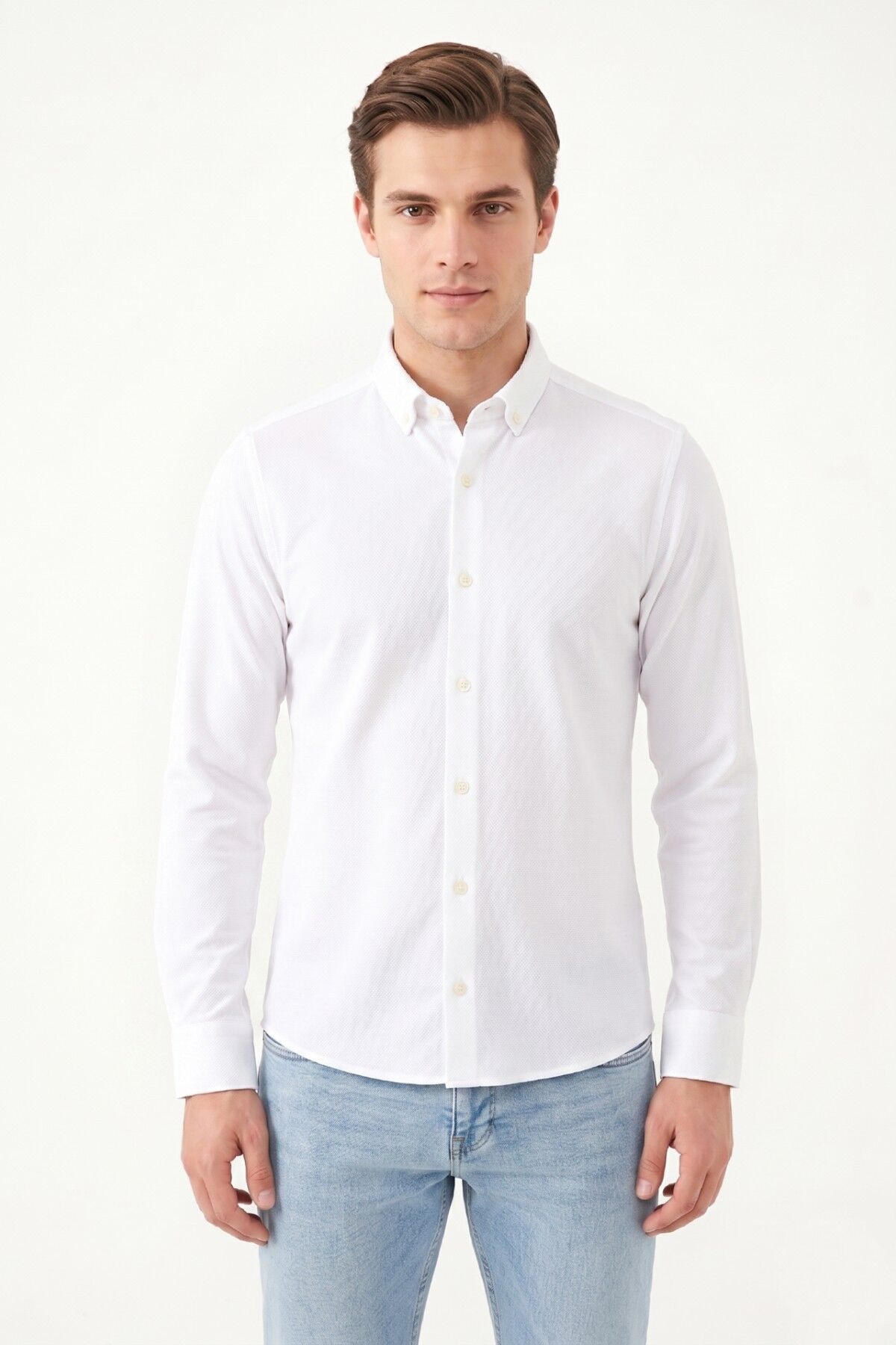 Erkek Spor Slim Fit Uzun Kol Petek Dokulu Gömlek BGL-ST05483 BEYAZ - 2XL
