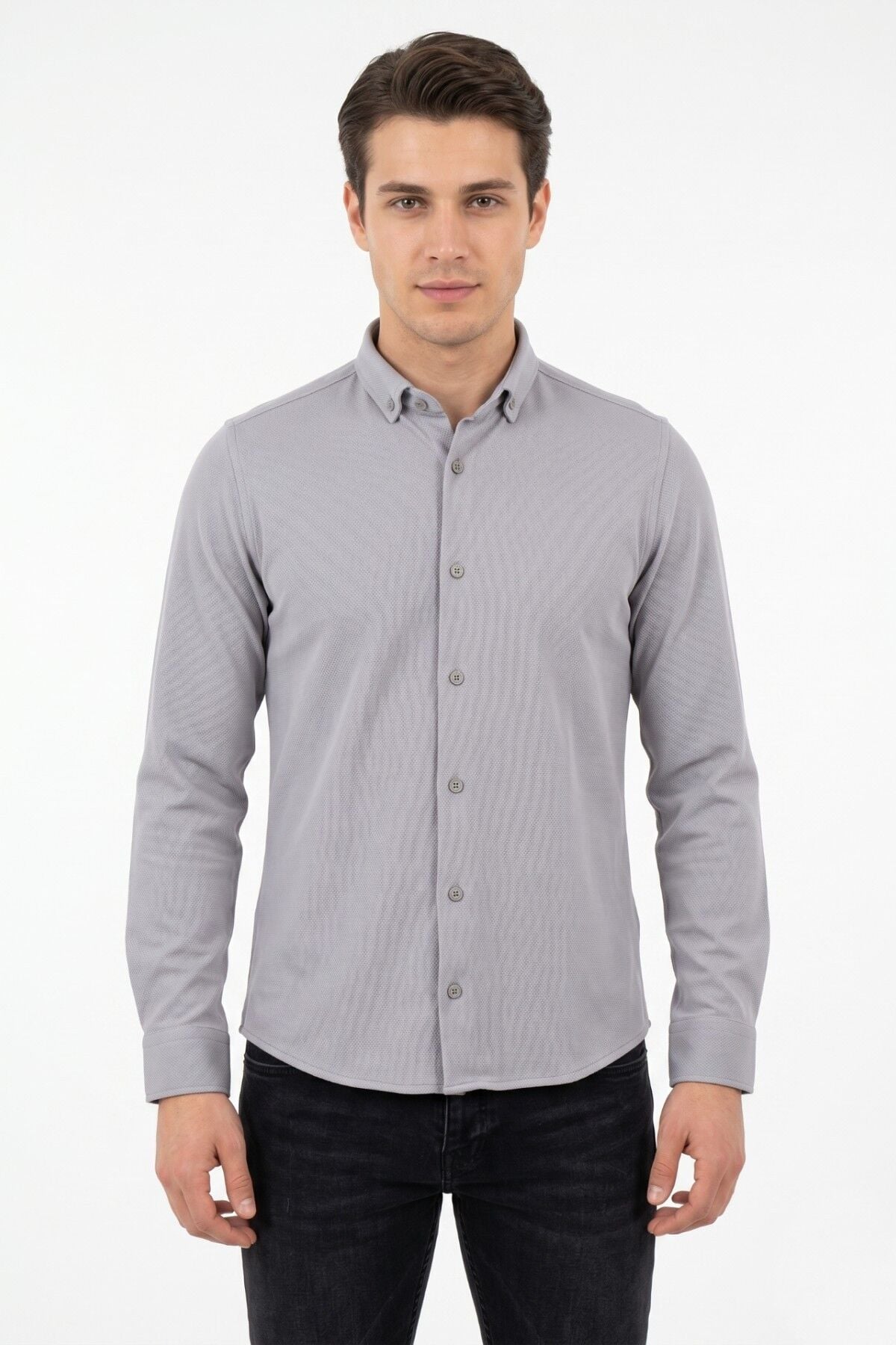 Erkek Spor Slim Fit Uzun Kol Petek Dokulu Gömlek BGL-ST05483 GRİ - S