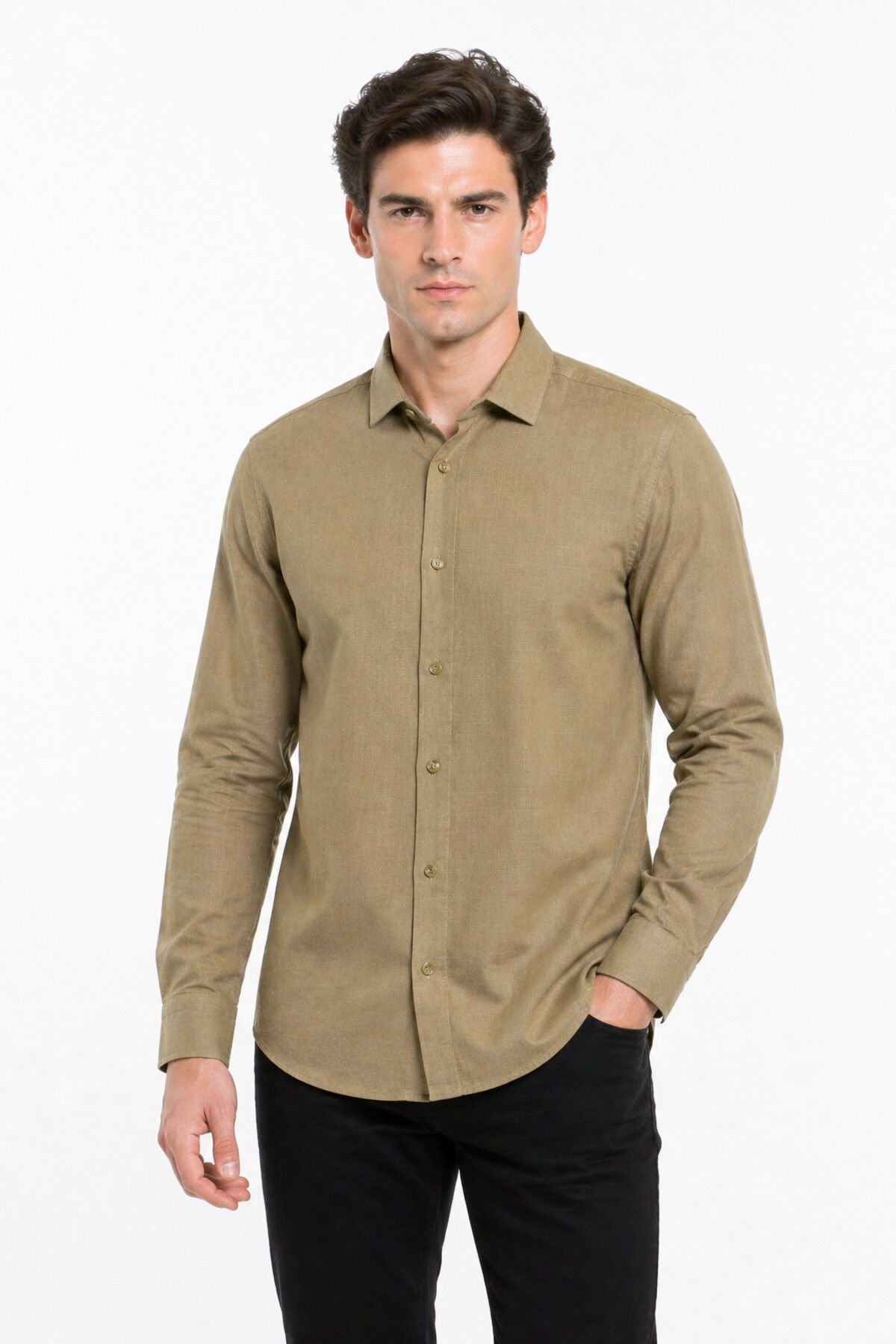 Erkek Spor Silim Fit Pamuklu Yazlık Gömlek BGL-ST05379 VİZON - S