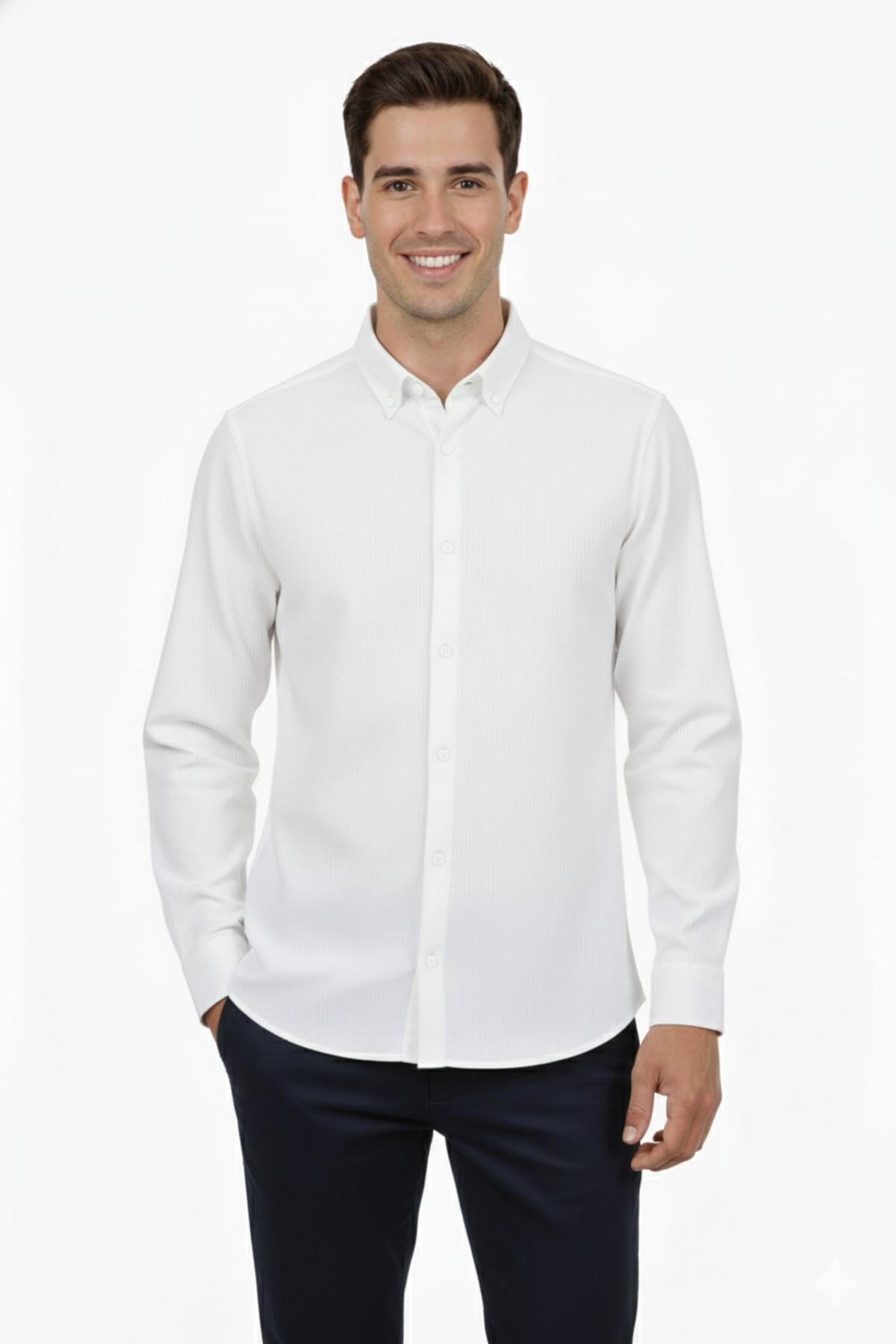Erkek Spor Slim Fit Uzun Kol Petek Fitilli Gömlek BGL-ST04824 BEYAZ - M
