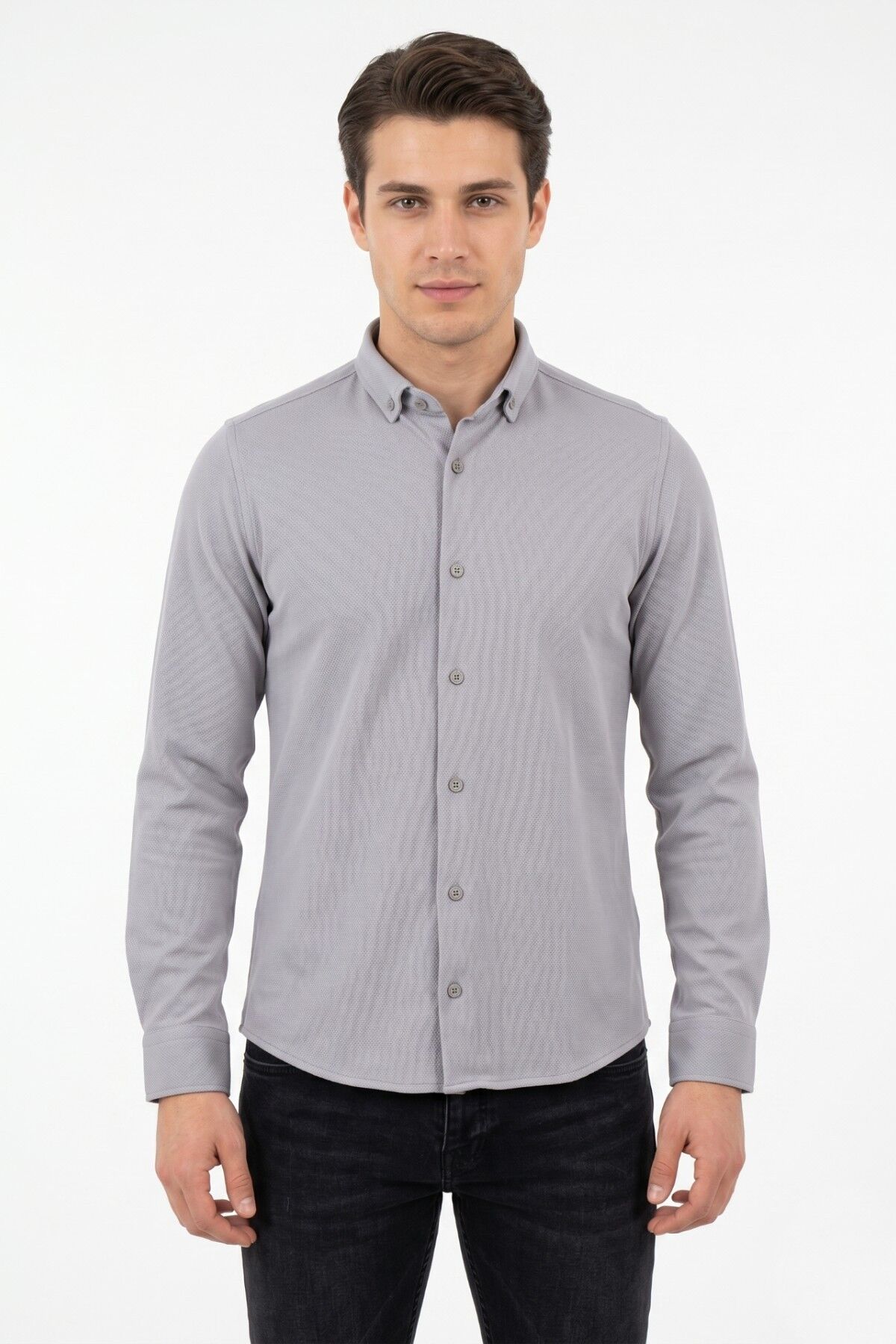 Erkek Spor Slim Fit Uzun Kol Petek Dokulu Gömlek BGL-ST05483 GRİ - XL