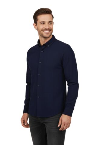 Erkek Spor Slim Fit Uzun Kol Petek Fitilli Gömlek BGL-ST04824 LACİVERT - S