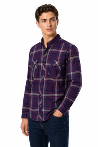 Erkek Ekose Silim Fit Gömlek Çift Cepli BGL-ST05378 MÜRDÜM - S