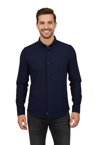 Erkek Spor Slim Fit Uzun Kol Petek Fitilli Gömlek BGL-ST04824 LACİVERT - M