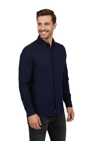 Erkek Spor Slim Fit Uzun Kol Petek Fitilli Gömlek BGL-ST04824 LACİVERT - M