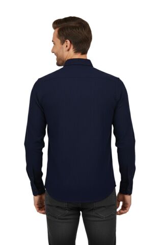 Erkek Spor Slim Fit Uzun Kol Petek Fitilli Gömlek BGL-ST04824 LACİVERT - M