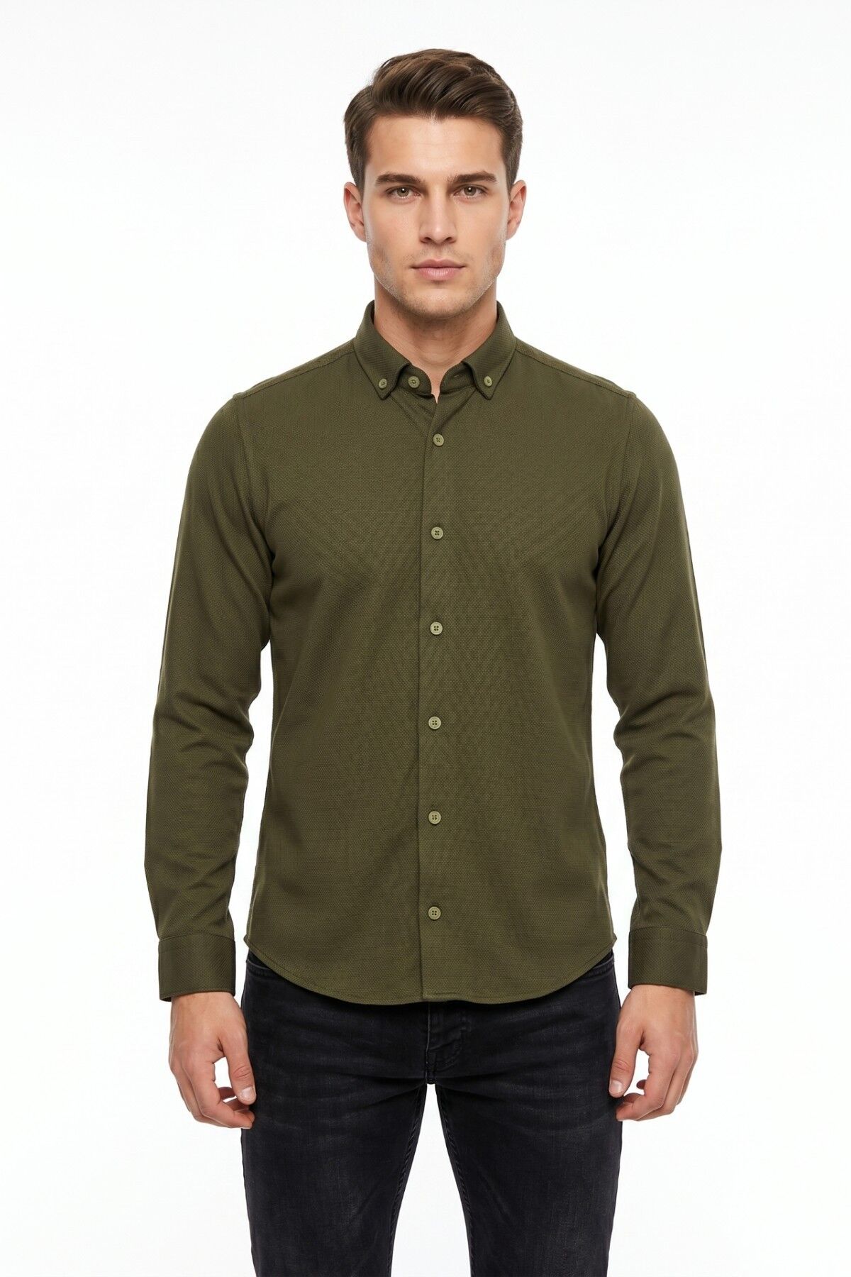 Erkek Spor Slim Fit Uzun Kol Petek Dokulu Gömlek BGL-ST05483 HAKİ - XL
