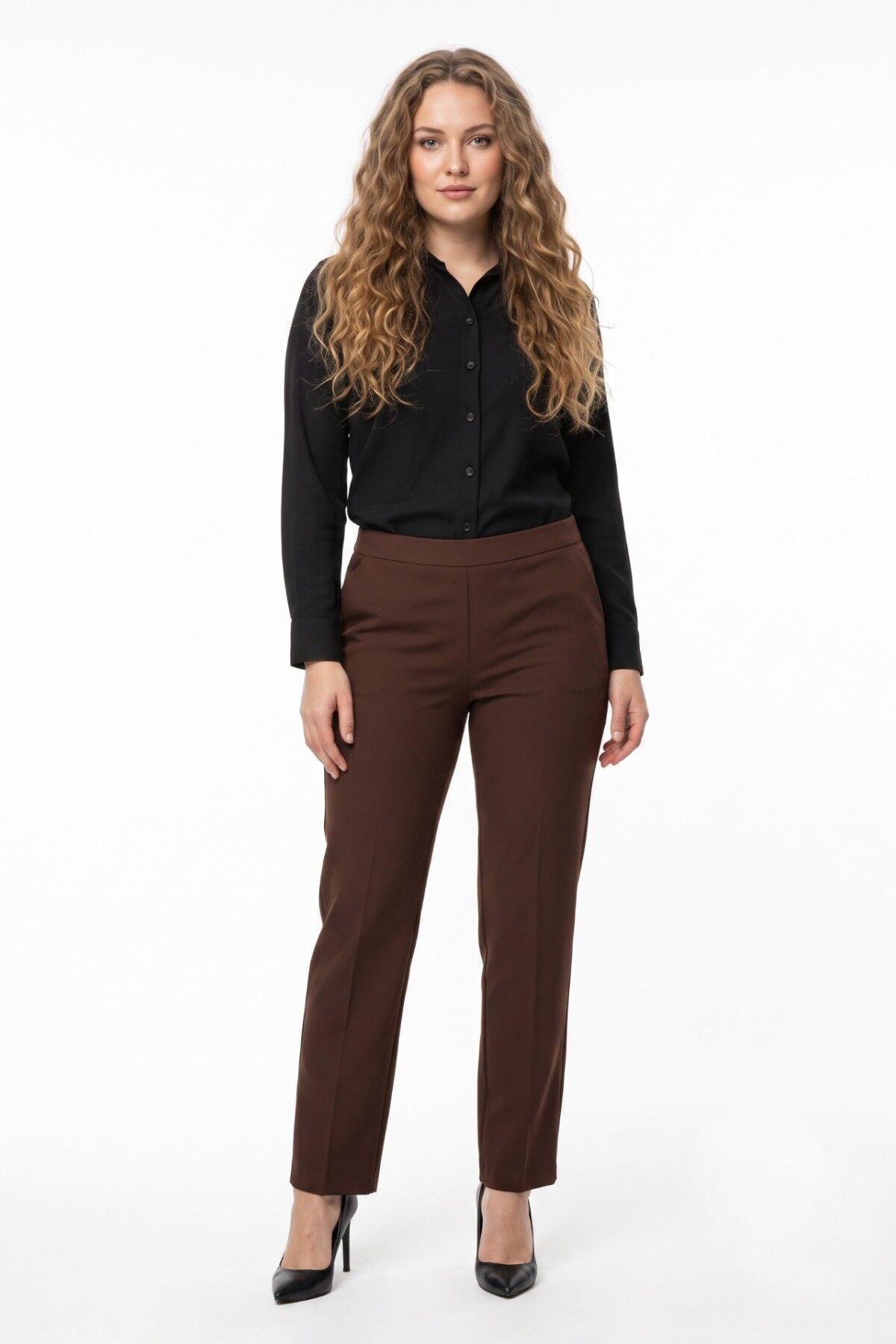 Kadın Kumaş Pantolon Kemer Lastikli BGL-ST04320 KAHVE - 44