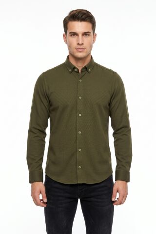 Erkek Spor Slim Fit Uzun Kol Petek Dokulu Gömlek BGL-ST05483 HAKİ - 2XL
