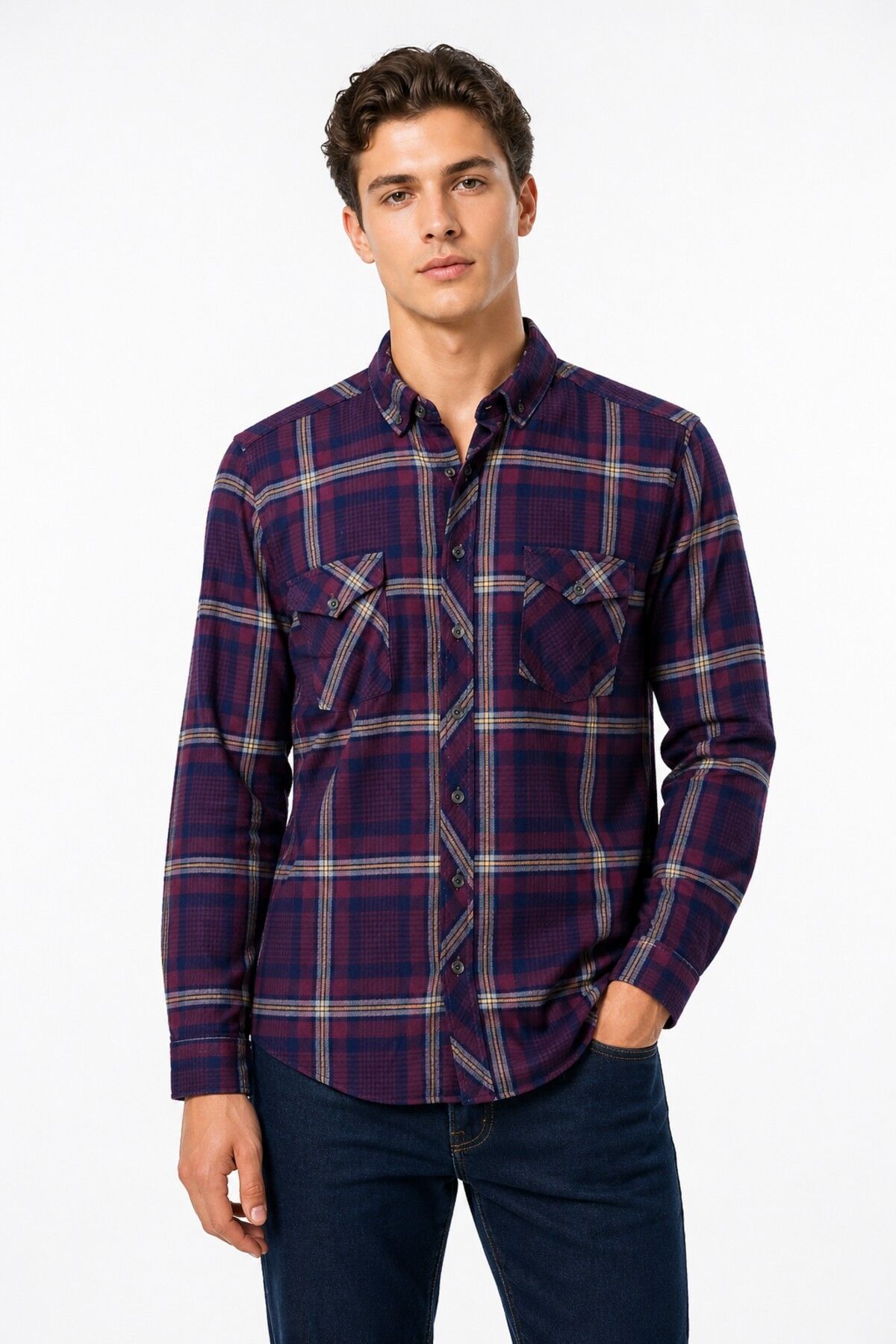 Erkek Ekose Silim Fit Gömlek Çift Cepli BGL-ST05378 MÜRDÜM - XL