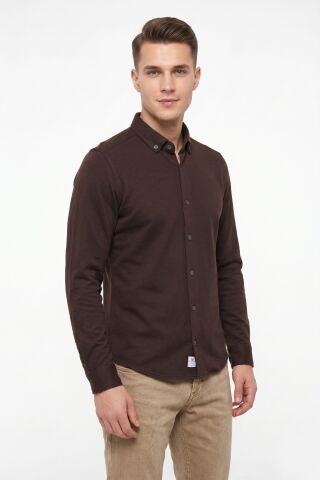 Erkek Spor Slim Fit Uzun Kol Petek Dokulu Gömlek BGL-ST05483 KAHVE - S