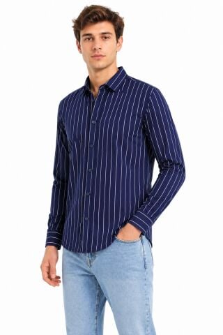 Erkek Spor Silim Fit Çizgili Yazlık Gömlek BGL-ST05380