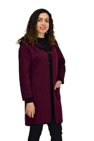Kadın Kapüşonlu Tiriko Düğmeli Cepli Hırka 8232 BGL-ST04072 BORDO - L