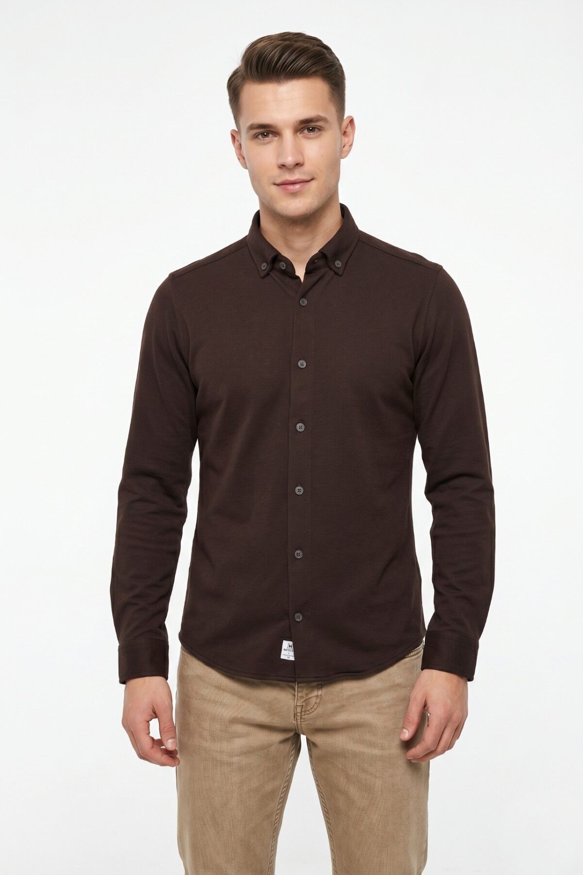 Erkek Spor Slim Fit Uzun Kol Petek Dokulu Gömlek BGL-ST05483 KAHVE - XL