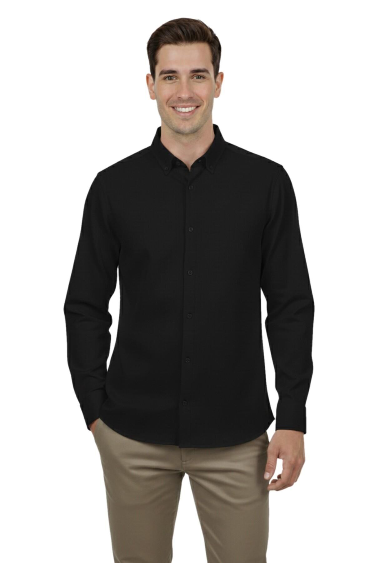Erkek Spor Slim Fit Uzun Kol Petek Fitilli Gömlek BGL-ST04824 SİYAH