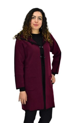 Kadın Kapüşonlu Tiriko Düğmeli Cepli Hırka 8232 BGL-ST04072 BORDO - L