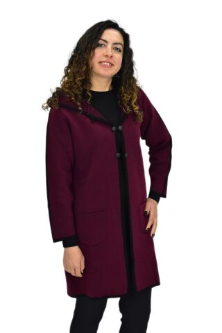 Kadın Kapüşonlu Tiriko Düğmeli Cepli Hırka 8232 BGL-ST04072 BORDO - L