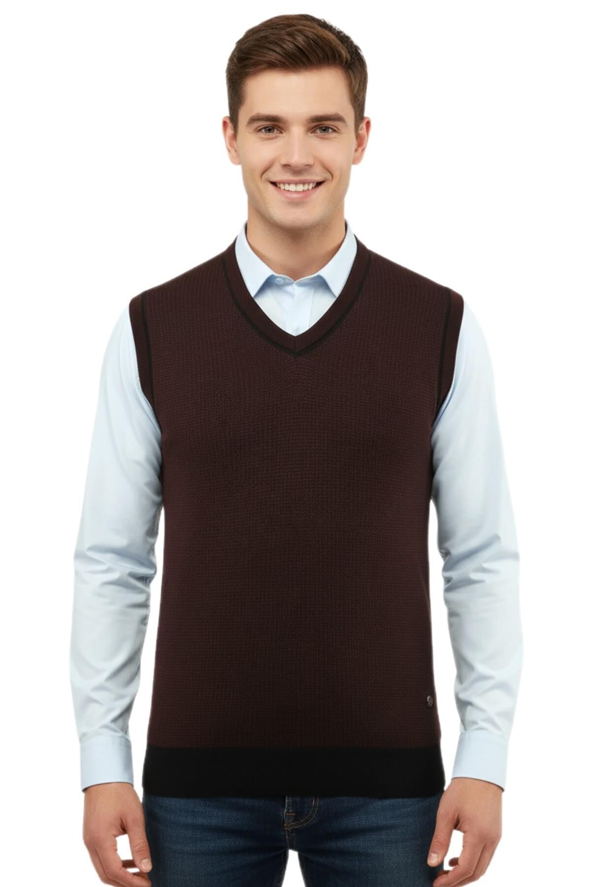 Erkek Büyük Beden V Yaka Süveter Çelik Örgü 5208H BGL-ST04961 BORDO - 3XL