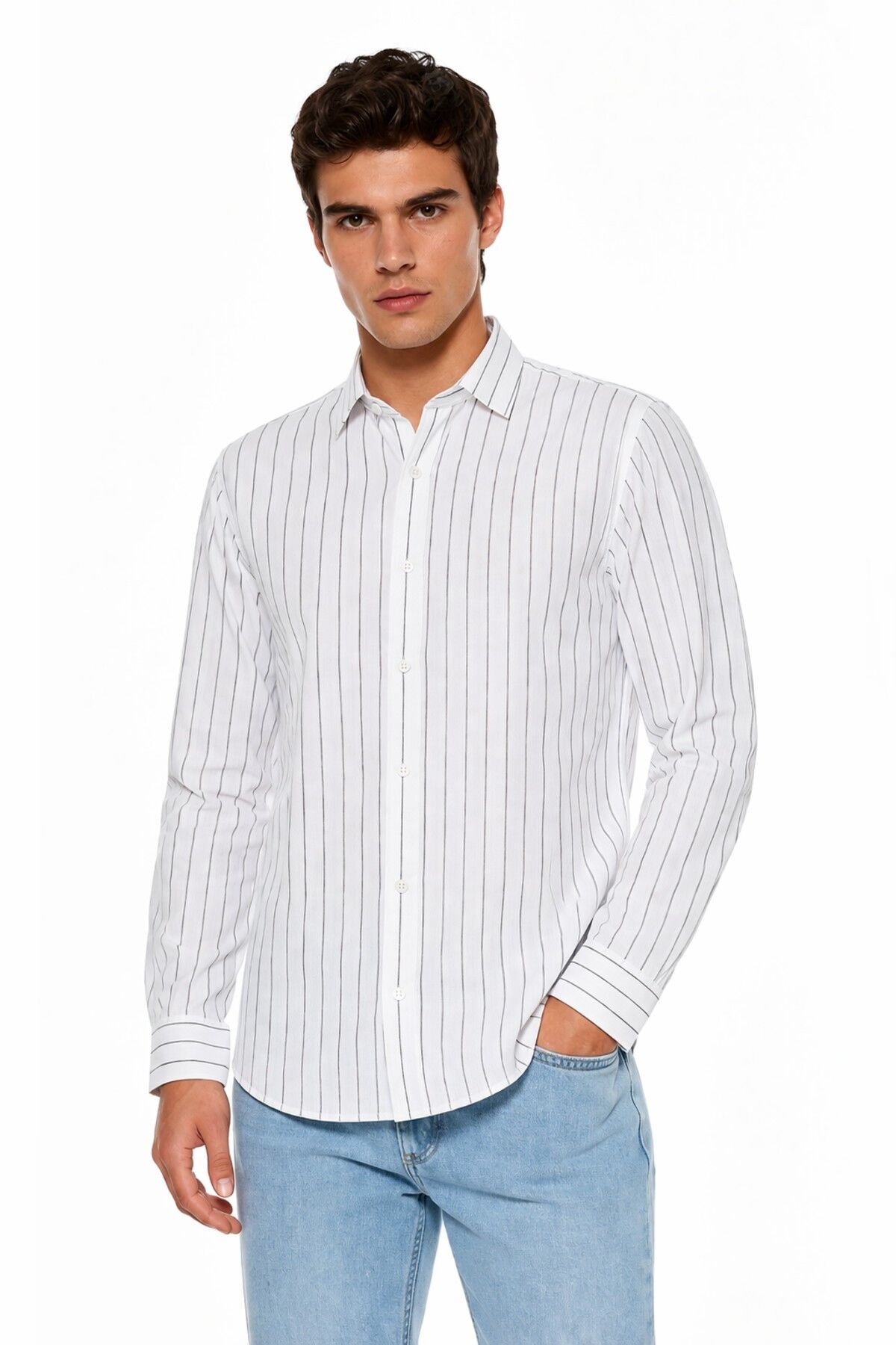 Erkek Spor Silim Fit Çizgili Yazlık Gömlek BGL-ST05380 BEYAZ - 2XL