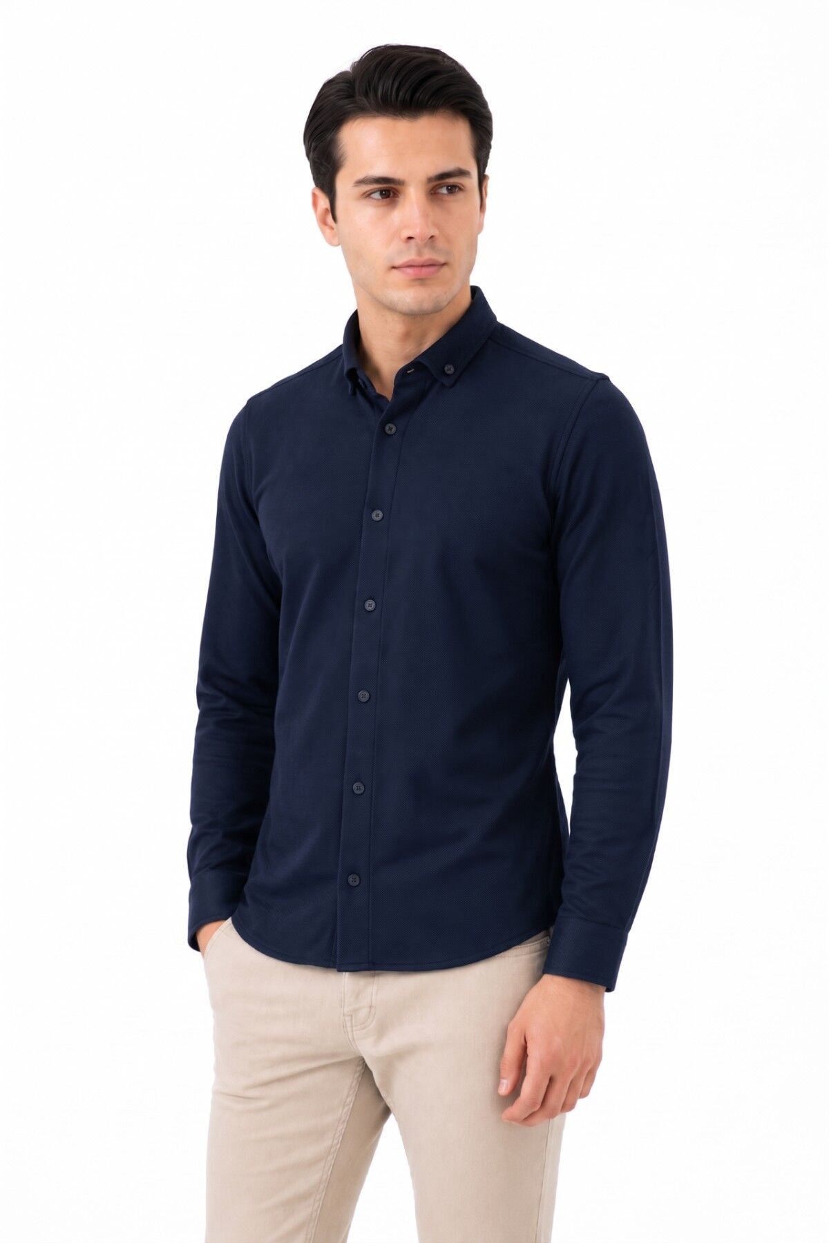 Erkek Spor Slim Fit Uzun Kol Petek Dokulu Gömlek BGL-ST05483 LACİVERT - L