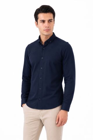 Erkek Spor Slim Fit Uzun Kol Petek Dokulu Gömlek BGL-ST05483 LACİVERT - L