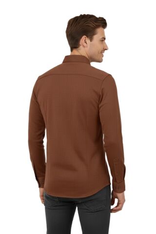 Erkek Spor Slim Fit Uzun Kol Petek Fitilli Gömlek BGL-ST04824 TABA - M