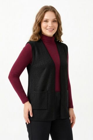 Kadın Anne Triko Yelek Kabartma Desen BGL-ST05300 SİYAH - M
