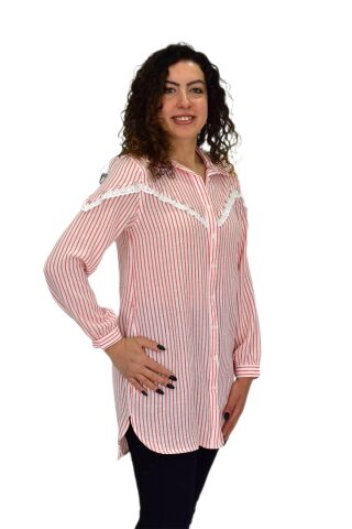 Kadın Çizğili Keten Gömlek BGL-ST03706 PEMBE - 44
