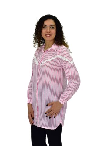 Kadın Çizğili Keten Gömlek BGL-ST03706 PEMBE - 44
