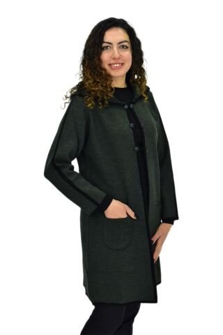 Kadın Kapüşonlu Tiriko Düğmeli Cepli Hırka 8232 BGL-ST04072 HAKİ - XL