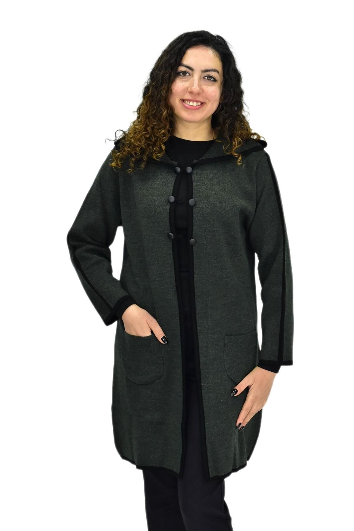 Kadın Kapüşonlu Tiriko Düğmeli Cepli Hırka 8232 BGL-ST04072 HAKİ - XL