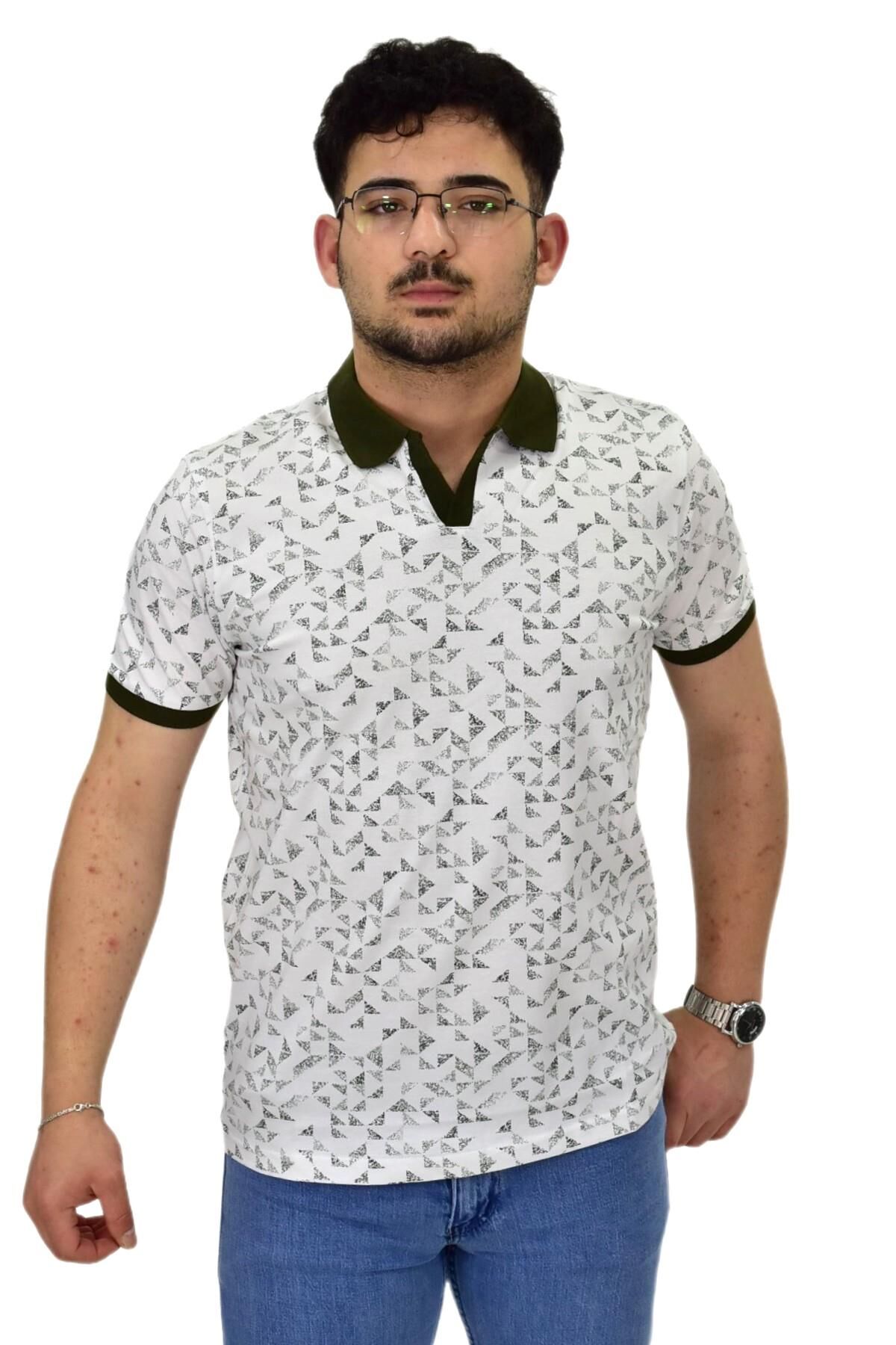 Erkek Polo Yaka Baskılı Pike Tişört 10600 BGL-ST04539 HAKİ - 2XL