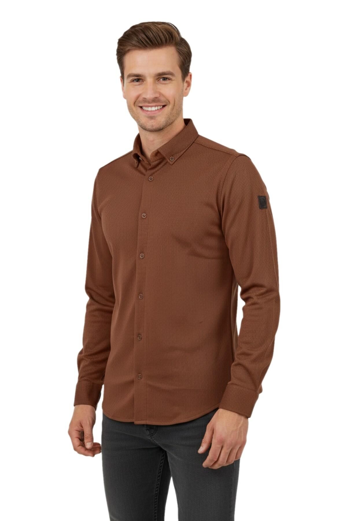 Erkek Spor Slim Fit Uzun Kol Petek Fitilli Gömlek BGL-ST04824 TABA - L