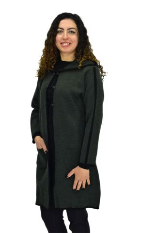 Kadın Kapüşonlu Tiriko Düğmeli Cepli Hırka 8232 BGL-ST04072 HAKİ - 2XL