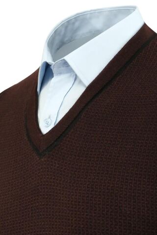 Erkek Büyük Beden V Yaka Süveter Çelik Örgü 5208H BGL-ST04961 BORDO - 5XL