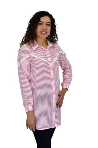 Kadın Çizğili Keten Gömlek BGL-ST03706 PEMBE - 42