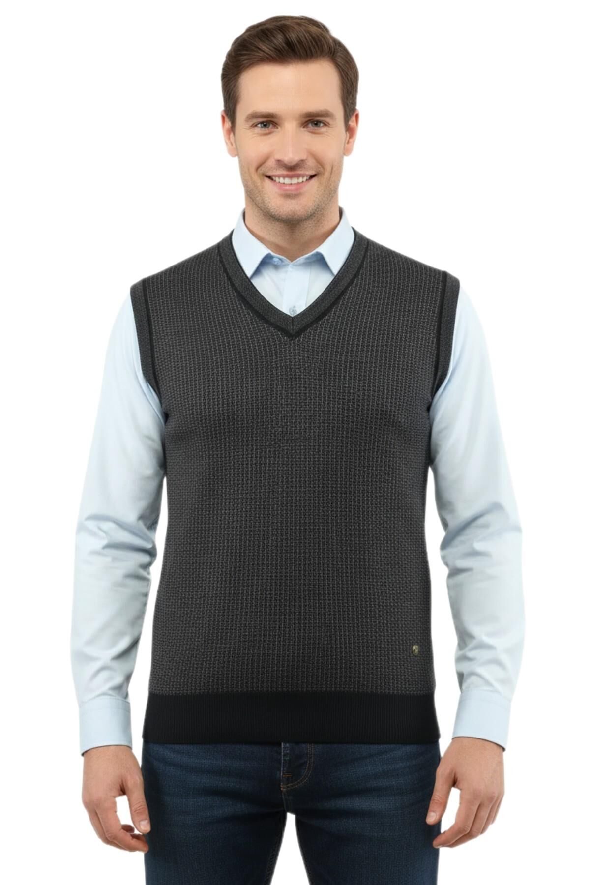 Erkek Büyük Beden V Yaka Süveter Çelik Örgü 5208H BGL-ST04961 LACİVERT - 3XL