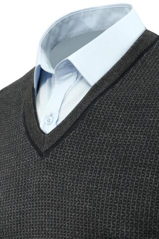 Erkek Büyük Beden V Yaka Süveter Çelik Örgü 5208H BGL-ST04961 LACİVERT - 3XL