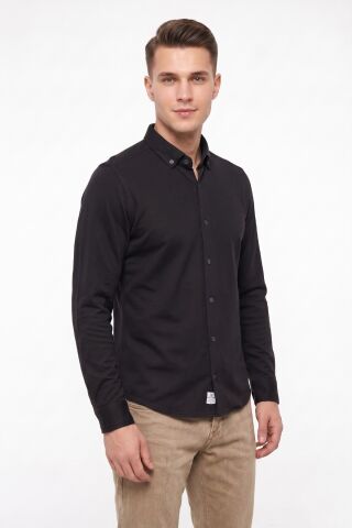 Erkek Spor Slim Fit Uzun Kol Petek Dokulu Gömlek BGL-ST05483 SİYAH - S