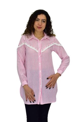 Kadın Çizğili Keten Gömlek BGL-ST03706 PEMBE - 44