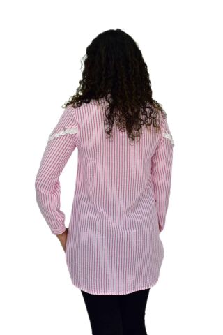 Kadın Çizğili Keten Gömlek BGL-ST03706 PEMBE - 44